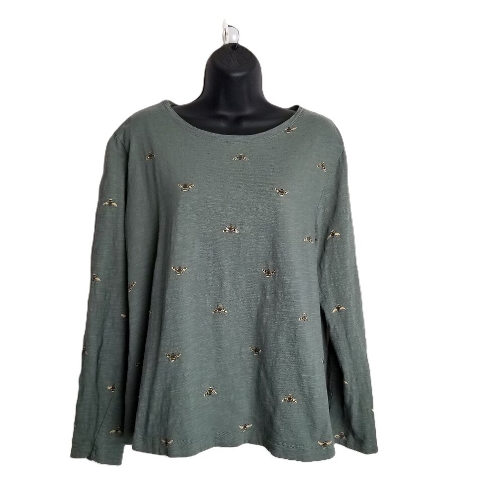 Womens Large Sage Green Bee Print Beaded Cotton Long Sleeve Top IB Diffusion